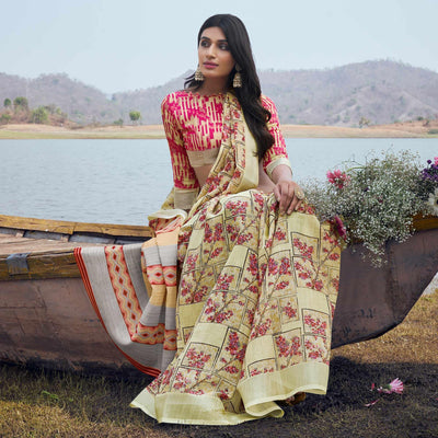 Cream Digital Printed Linen Saree