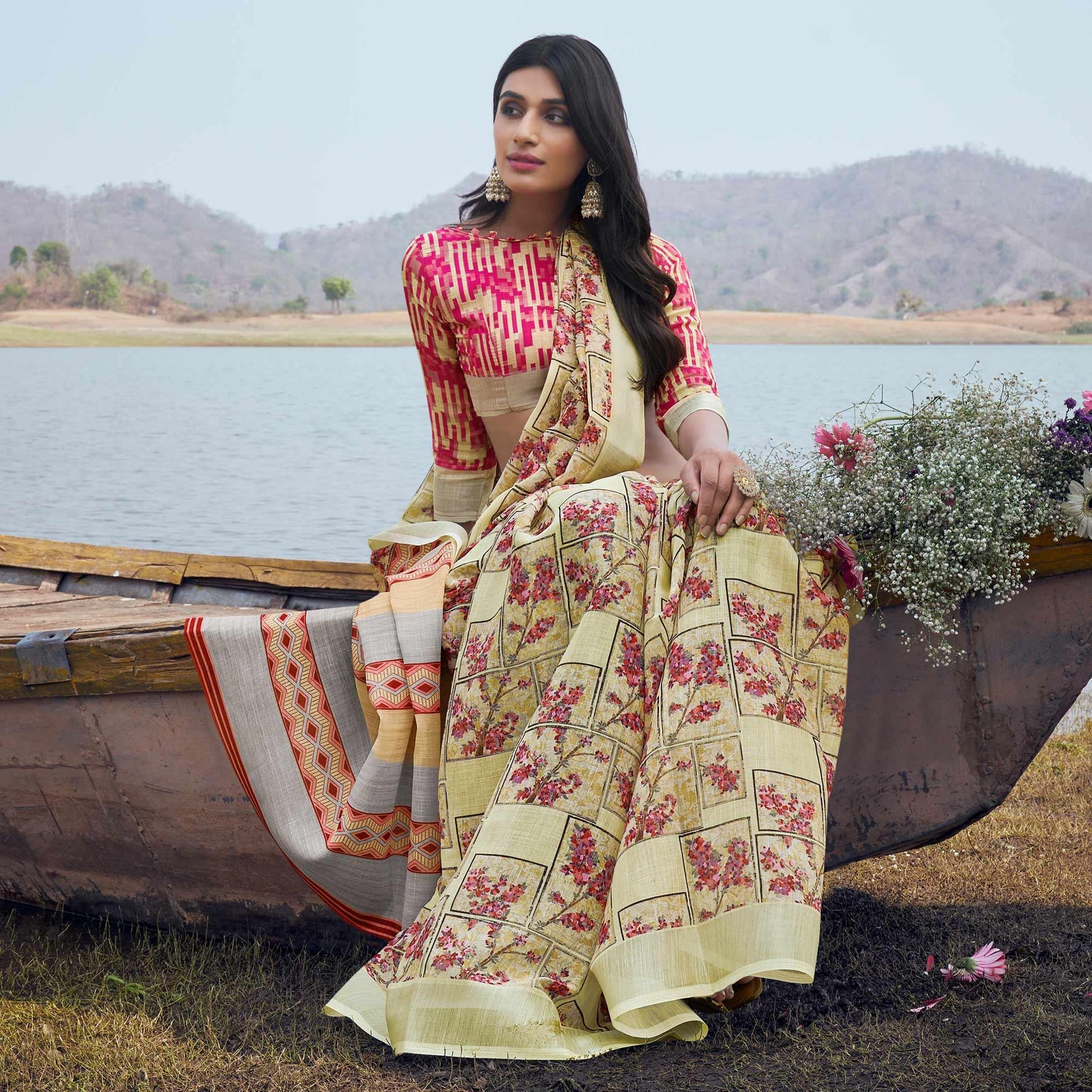 Cream Digital Printed Linen Saree