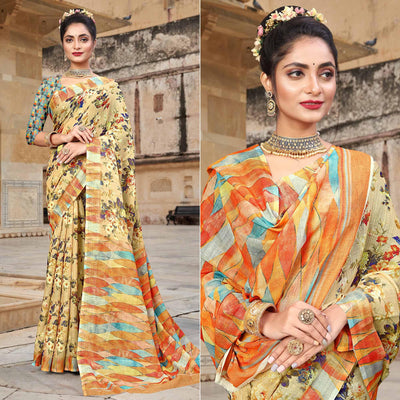 Cream Digital Printed Linen Saree