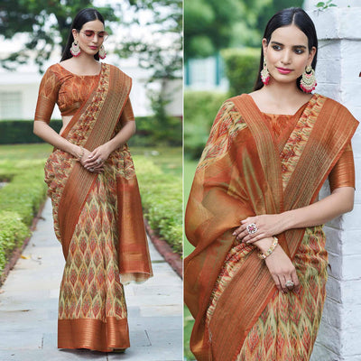 Cream Digital Printed Linen Saree