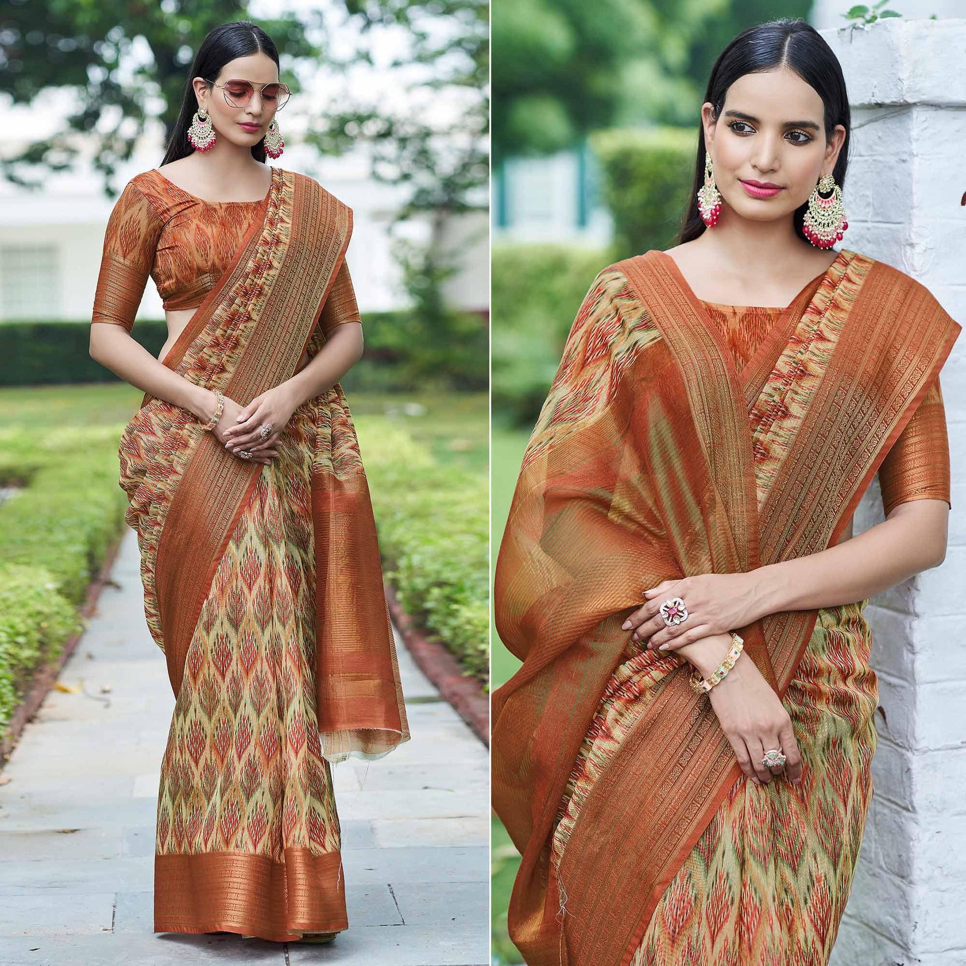 Cream Digital Printed Linen Saree