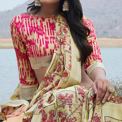Cream Digital Printed Linen Saree