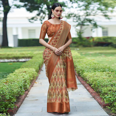 Cream Digital Printed Linen Saree