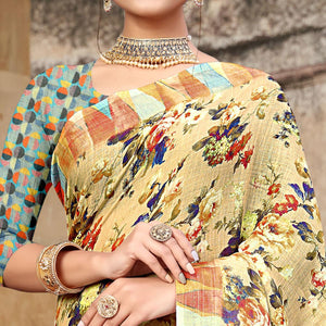 Cream Digital Printed Linen Saree