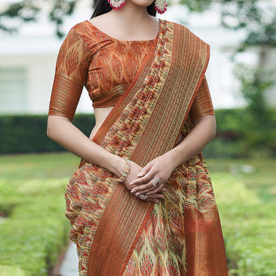 Cream Digital Printed Linen Saree
