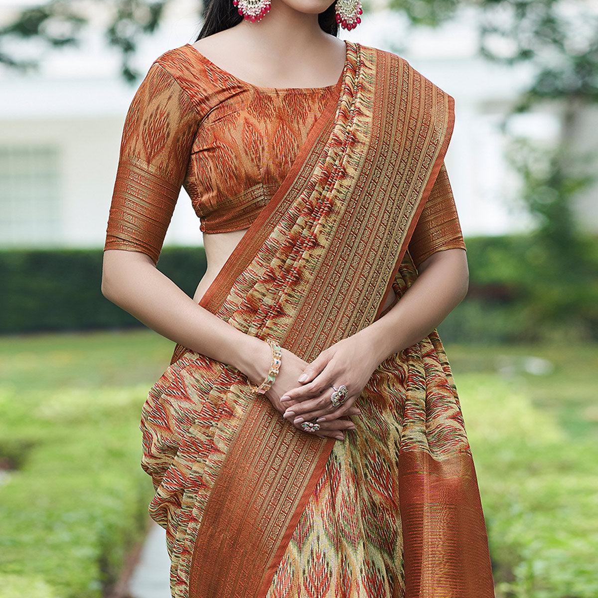 Cream Digital Printed Linen Saree