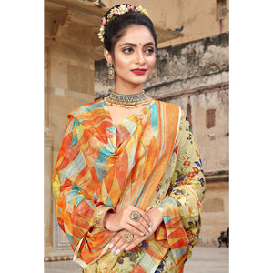 Cream Digital Printed Linen Saree