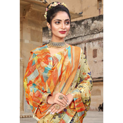 Cream Digital Printed Linen Saree