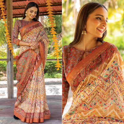 Cream Digital Printed Linen Saree With Tassels