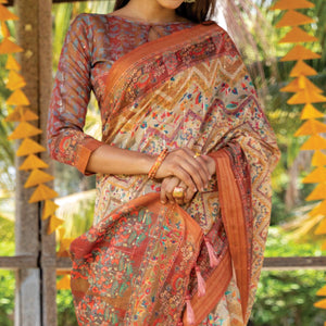 Cream Digital Printed Linen Saree With Tassels