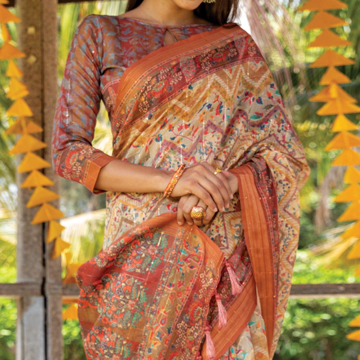 Cream Digital Printed Linen Saree With Tassels