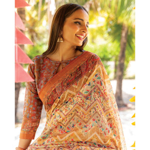 Cream Digital Printed Linen Saree With Tassels