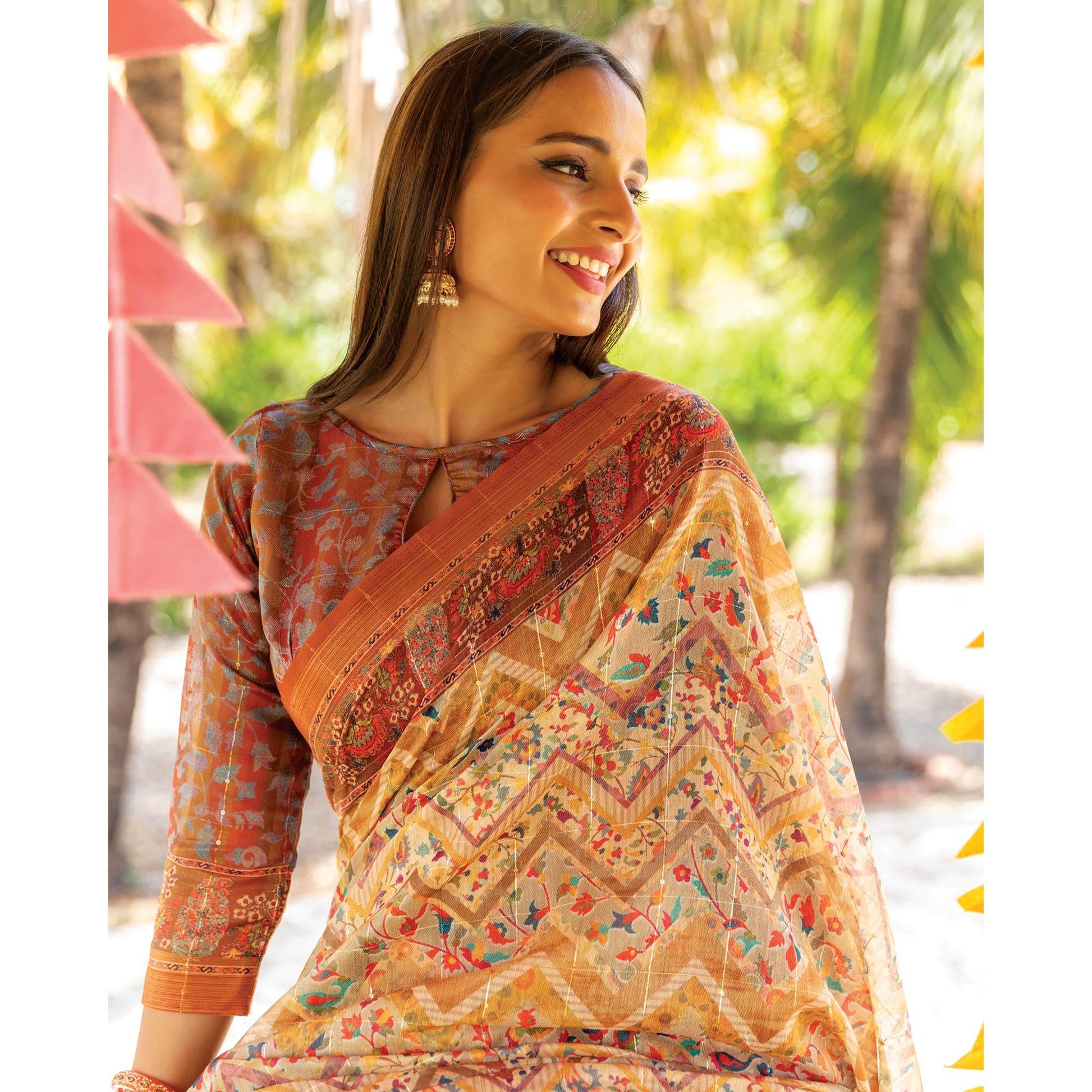 Cream Digital Printed Linen Saree With Tassels