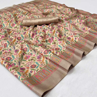 Cream Digital Printed Pashmina Saree