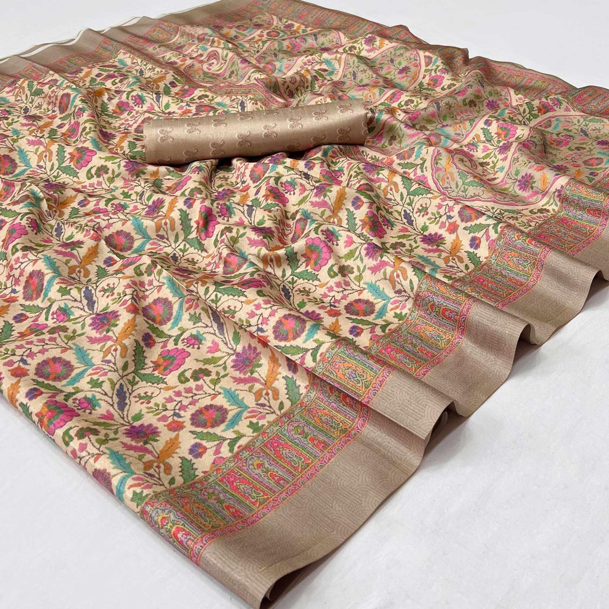 Cream Digital Printed Pashmina Saree