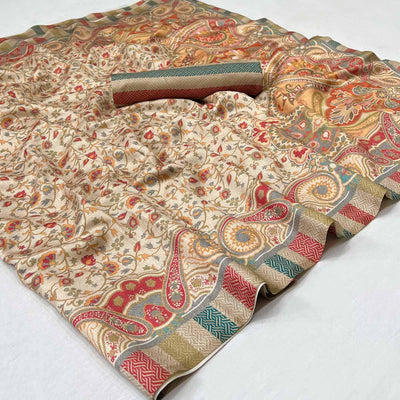Cream Digital Printed Pashmina Saree