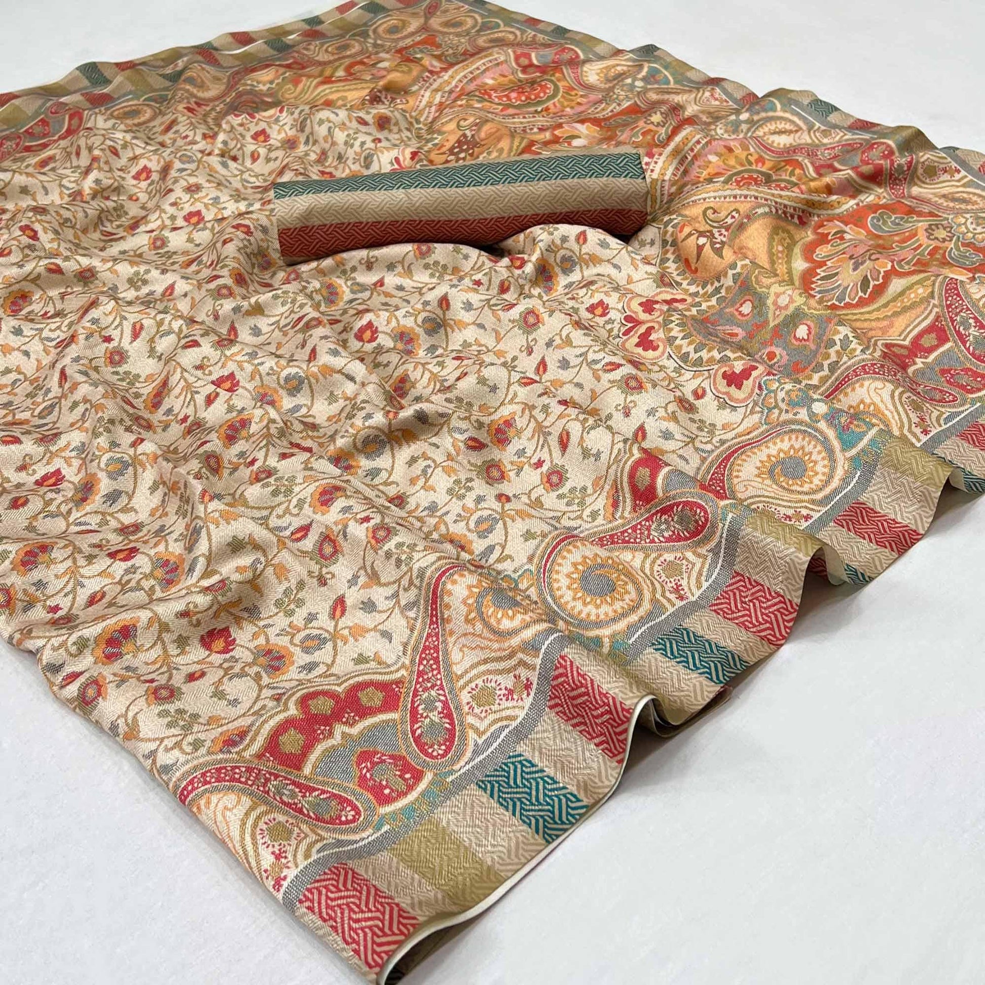 Cream Digital Printed Pashmina Saree