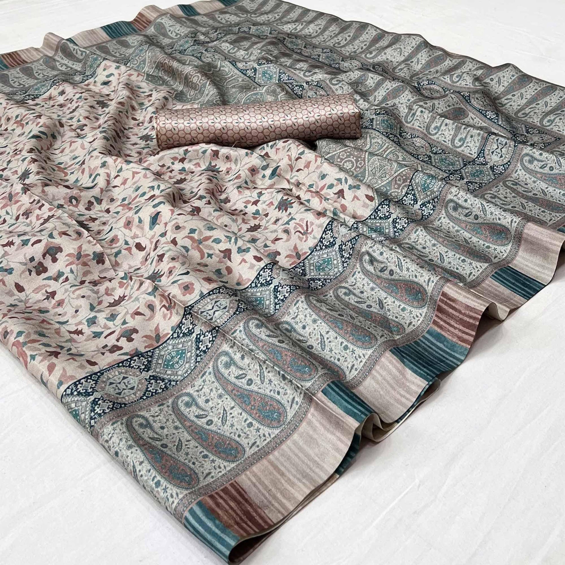 Cream Digital Printed Pashmina Saree