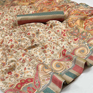 Cream Digital Printed Pashmina Saree