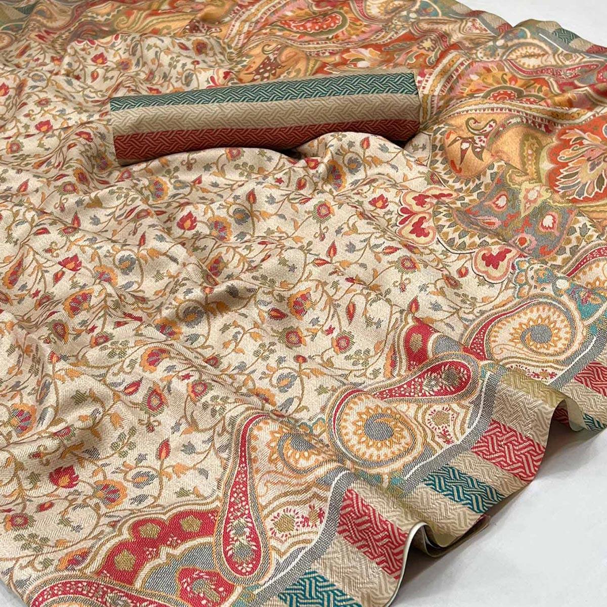 Cream Digital Printed Pashmina Saree