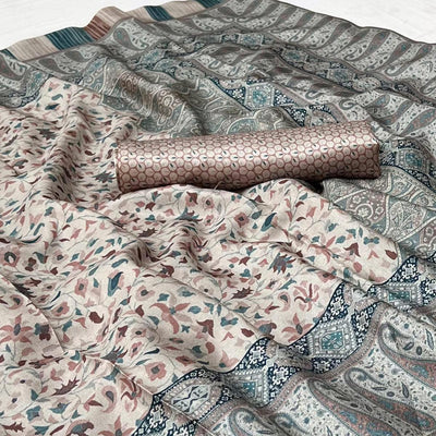 Cream Digital Printed Pashmina Saree