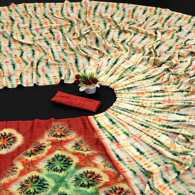 Cream Digital Printed Vichitra Silk Saree