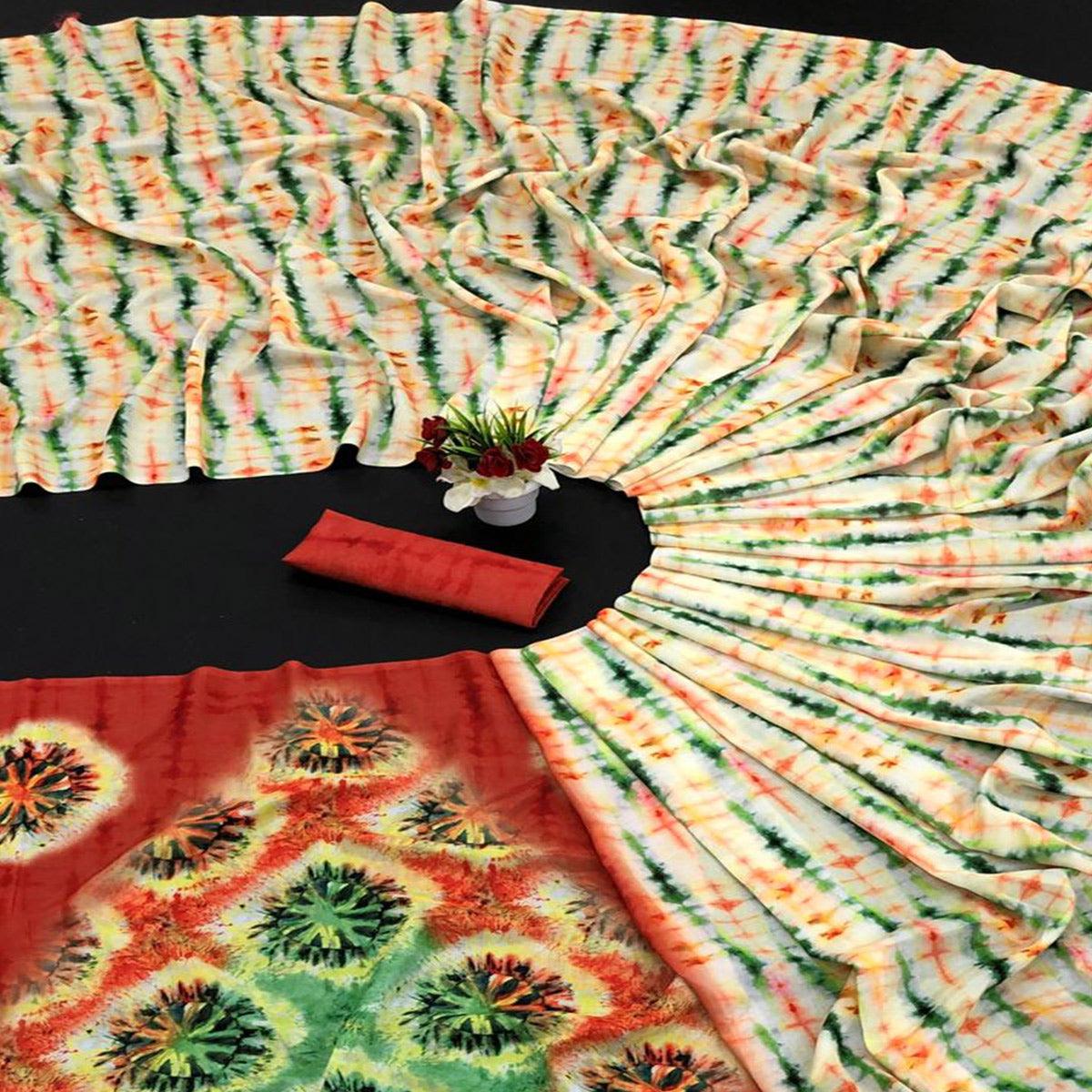 Cream Digital Printed Vichitra Silk Saree