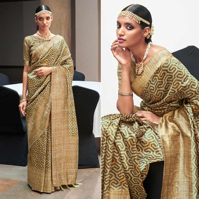 Cream Digital Printed With Woven Border Art Silk Saree