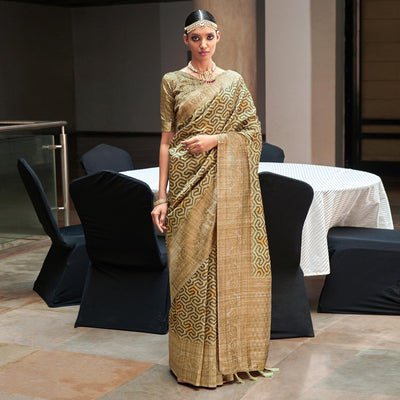 Cream Digital Printed With Woven Border Art Silk Saree