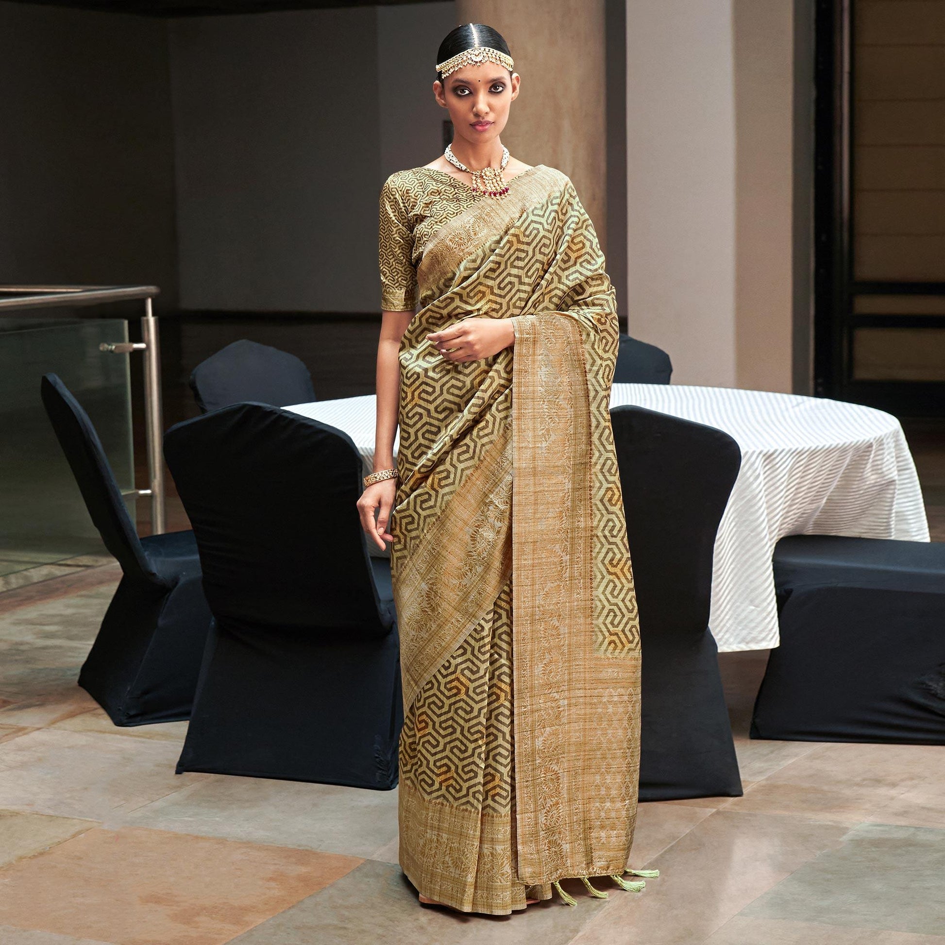 Cream Digital Printed With Woven Border Art Silk Saree