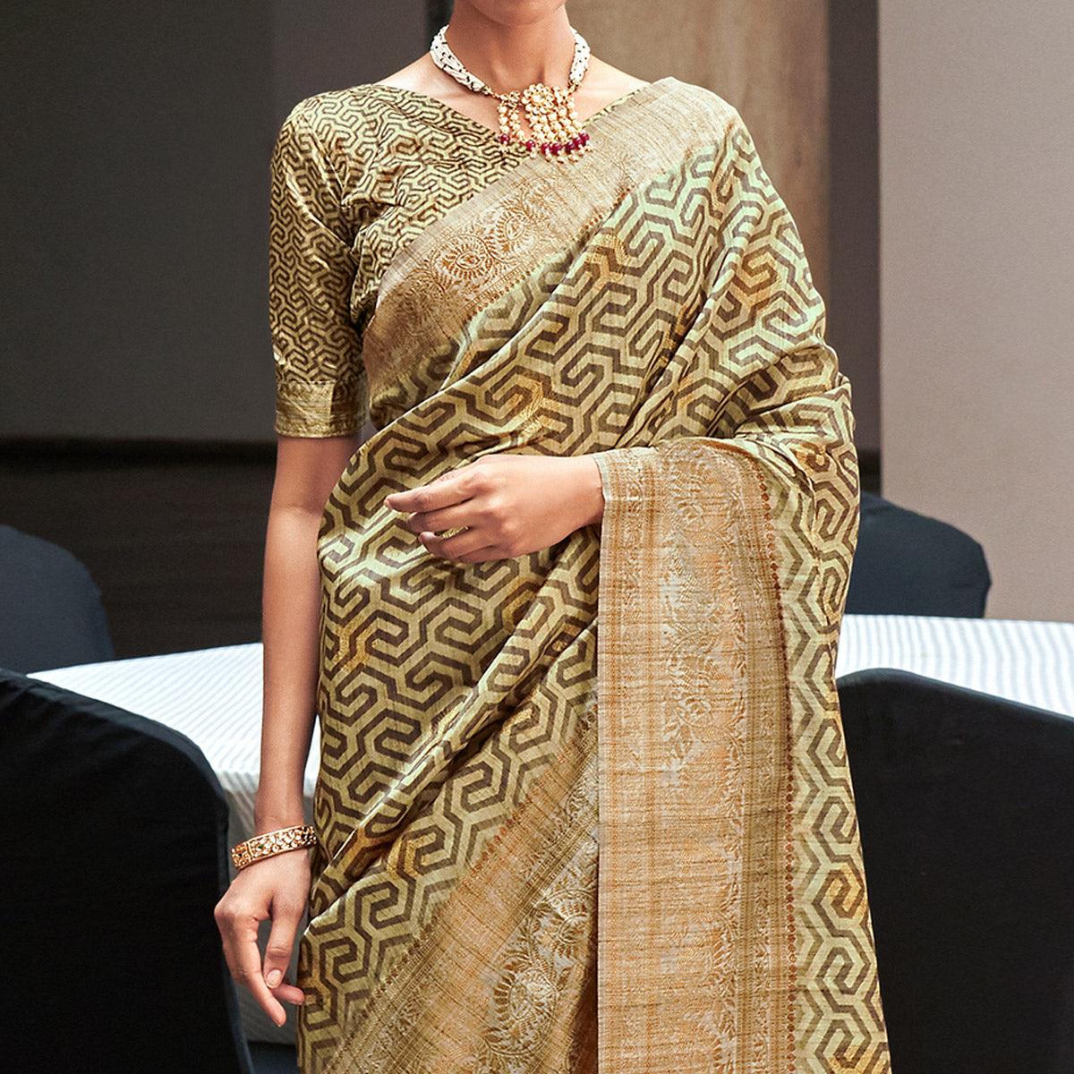 Cream Digital Printed With Woven Border Art Silk Saree
