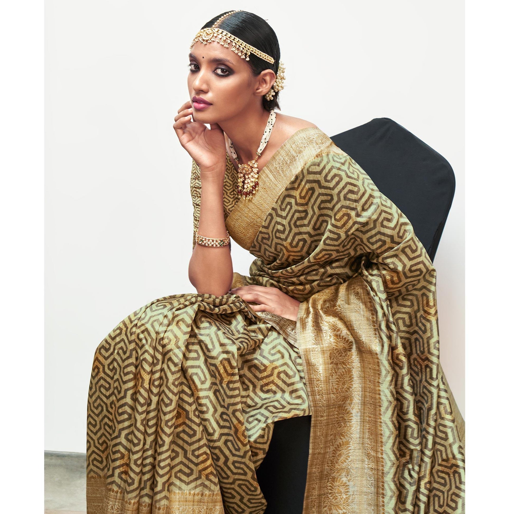 Cream Digital Printed With Woven Border Art Silk Saree