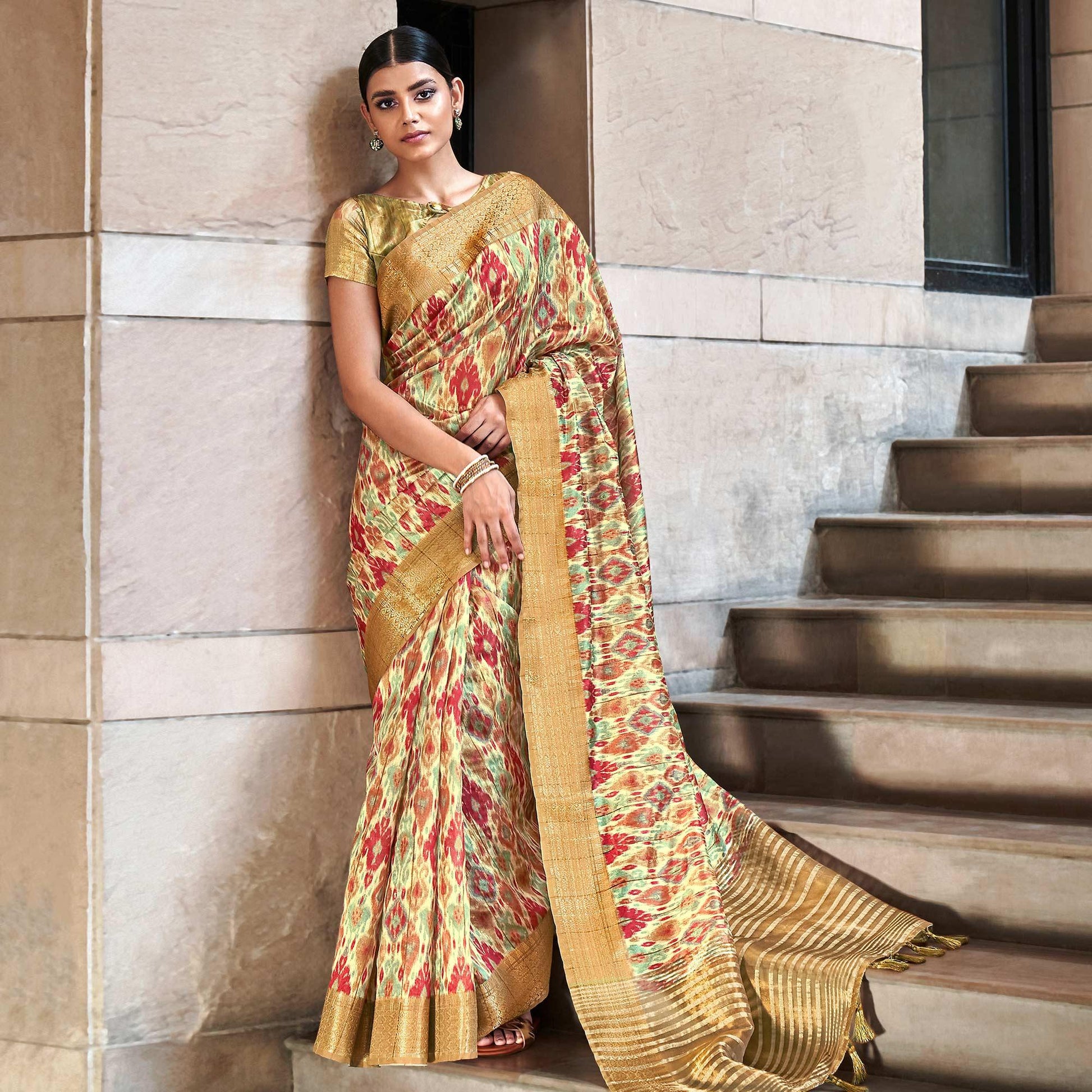 Cream Digital Printed-Woven Art Silk Saree With Tassels