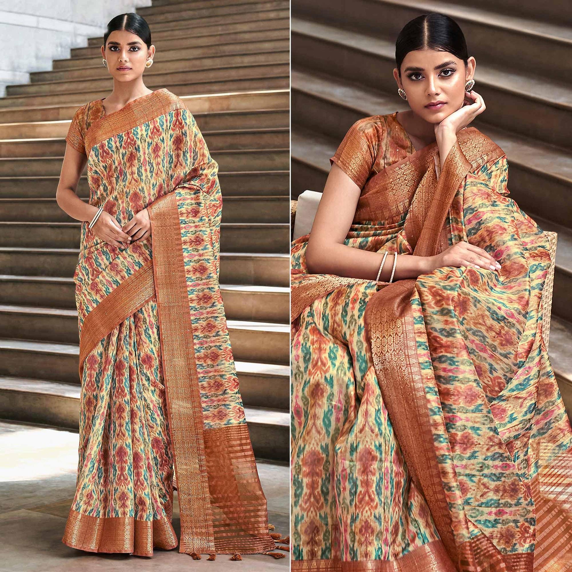 Cream Digital Printed-Woven Art Silk Saree With Tassels