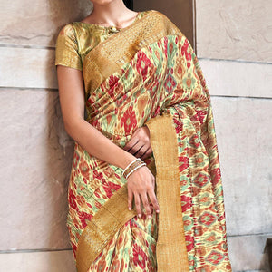 Cream Digital Printed-Woven Art Silk Saree With Tassels
