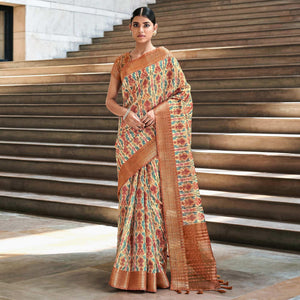 Cream Digital Printed-Woven Art Silk Saree With Tassels