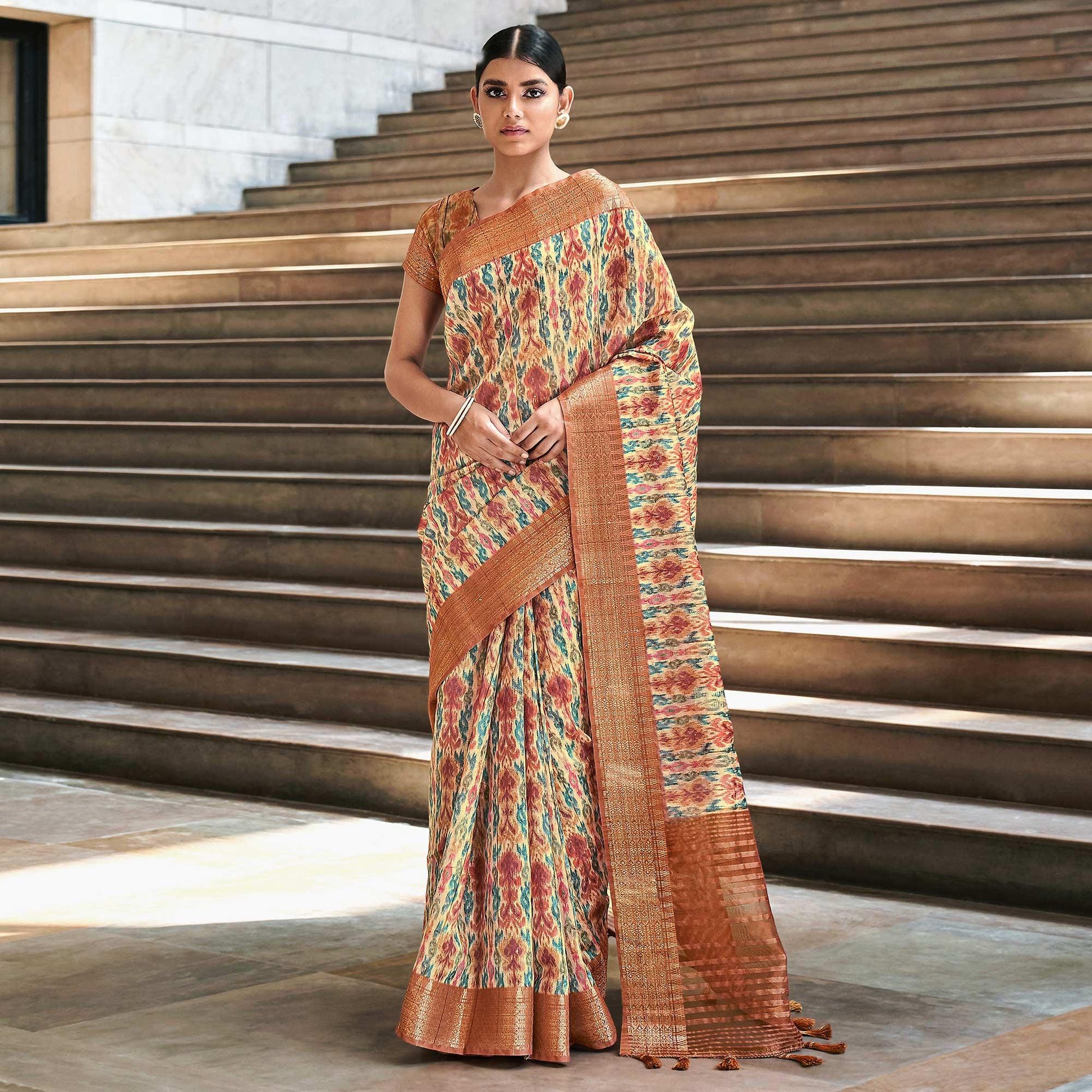 Cream Digital Printed-Woven Art Silk Saree With Tassels