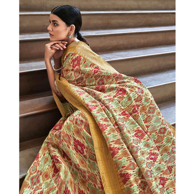 Cream Digital Printed-Woven Art Silk Saree With Tassels