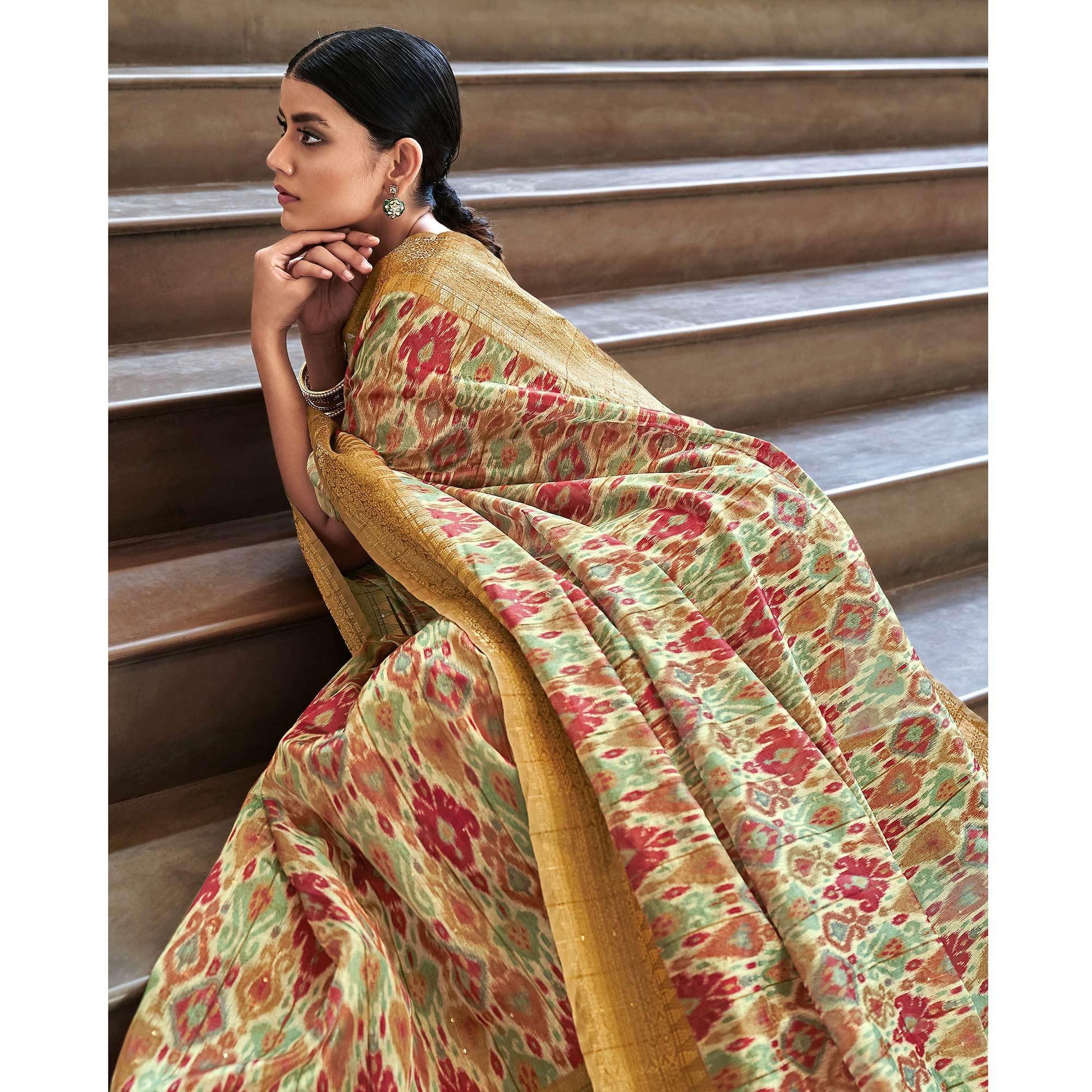 Cream Digital Printed-Woven Art Silk Saree With Tassels