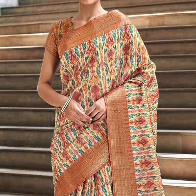 Cream Digital Printed-Woven Art Silk Saree With Tassels