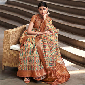 Cream Digital Printed-Woven Art Silk Saree With Tassels