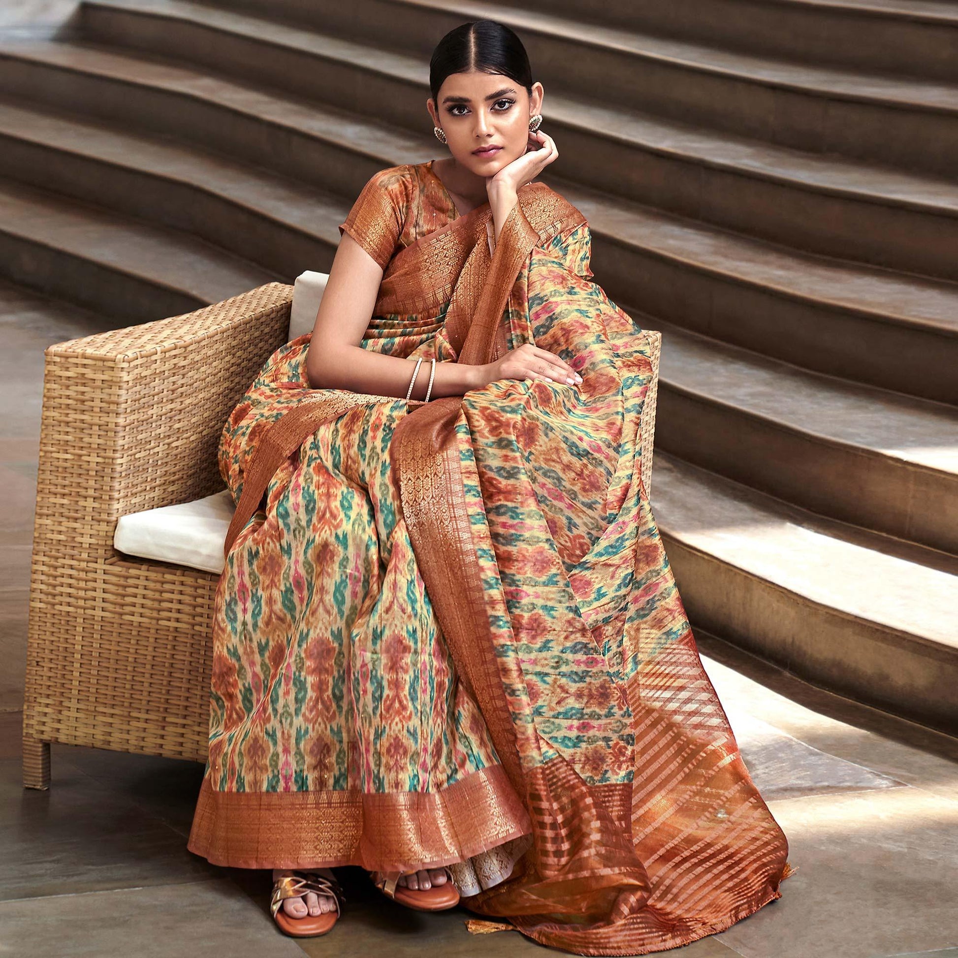 Cream Digital Printed-Woven Art Silk Saree With Tassels