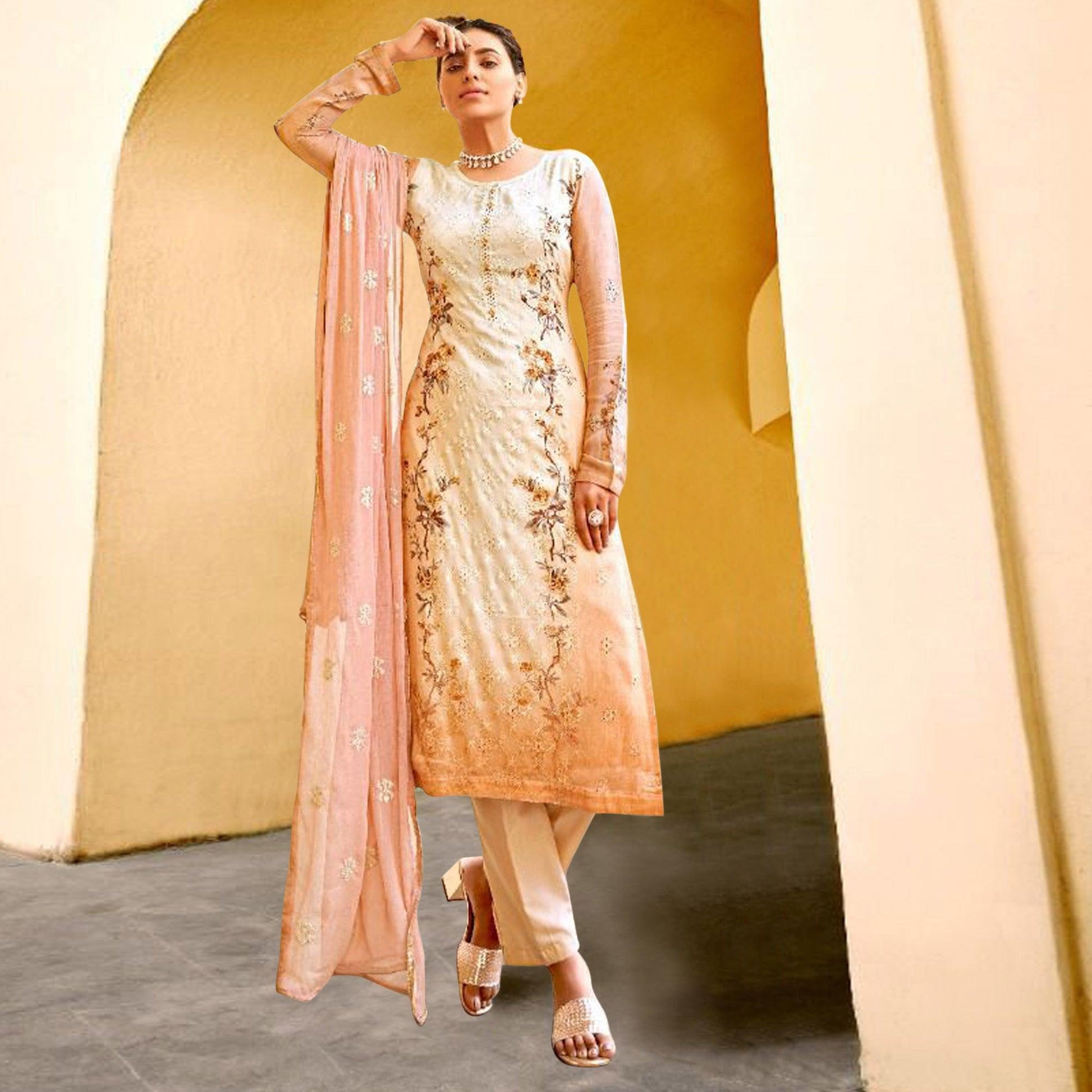 Cream Embellished & Embroidered Chiffon Partywear Suit