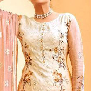 Cream Embellished & Embroidered Chiffon Partywear Suit