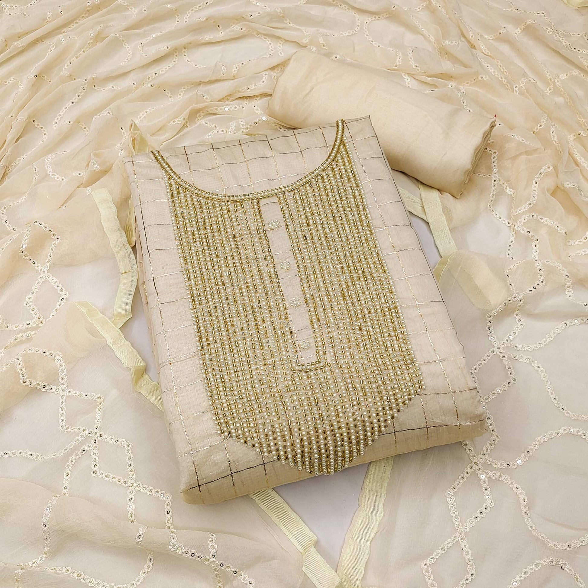 Cream Embellished Chanderi Dress Material