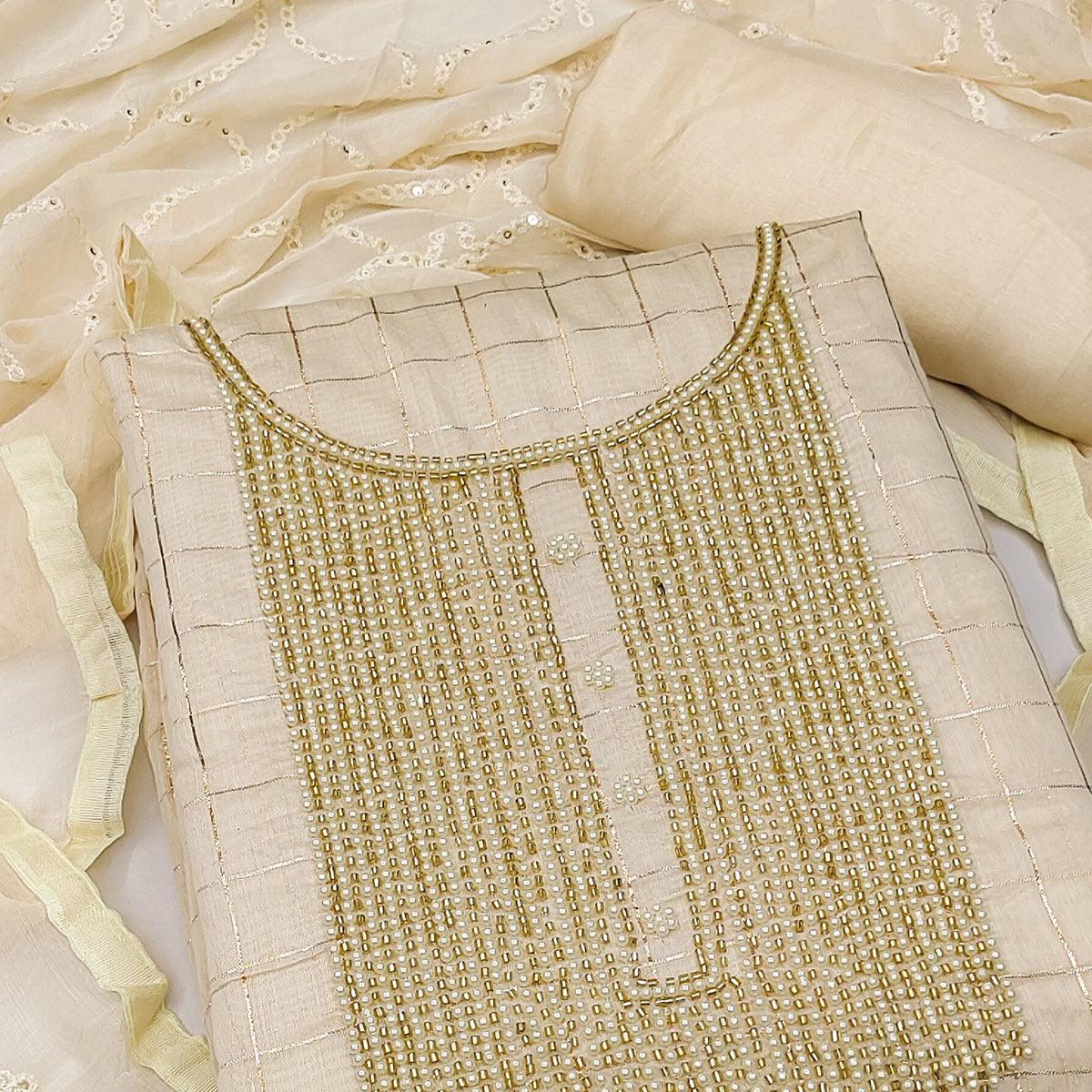 Cream Embellished Chanderi Dress Material