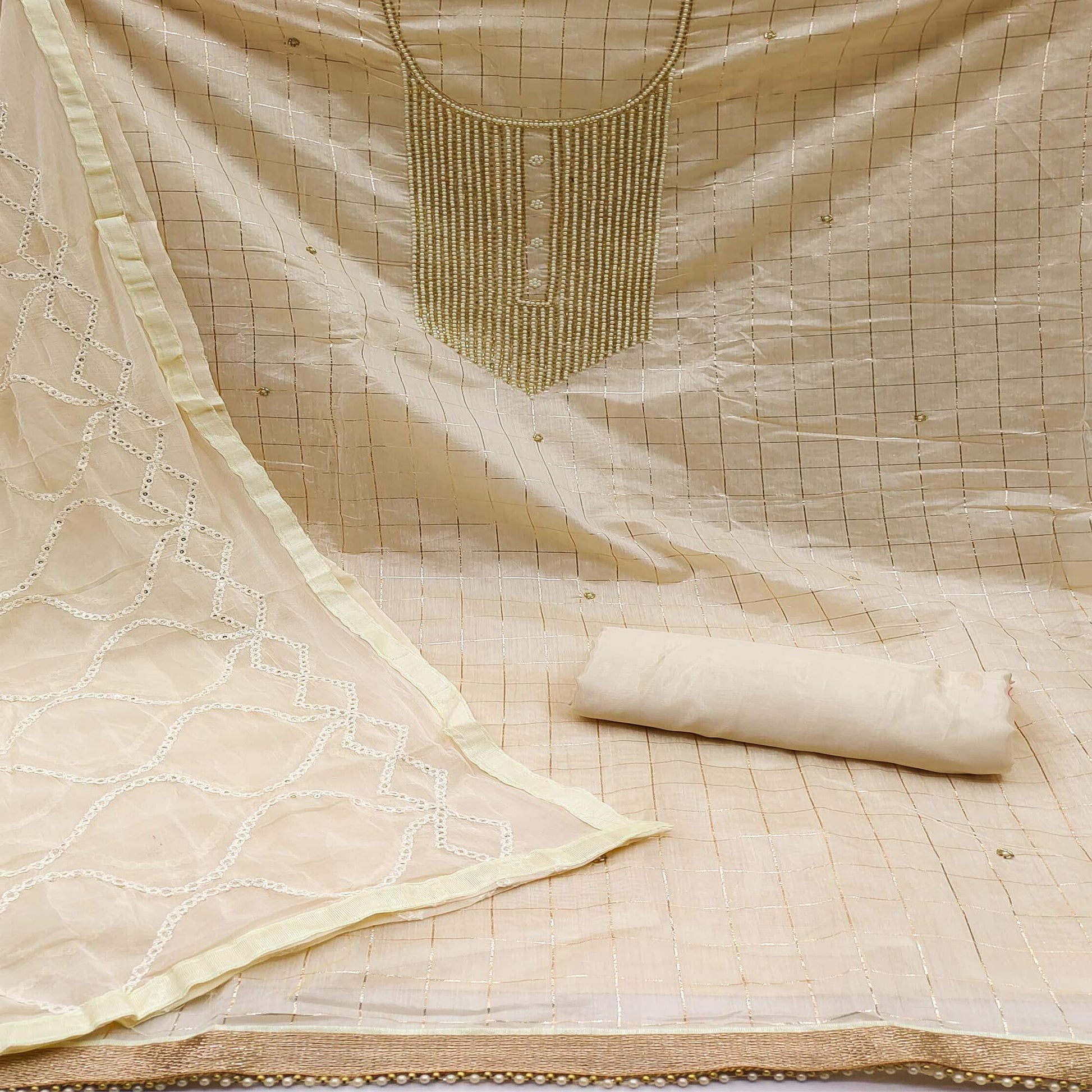 Cream Embellished Chanderi Dress Material