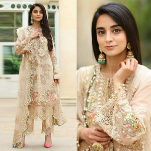 Cream Embellished With Embroidered Georgette Pakistani Suit