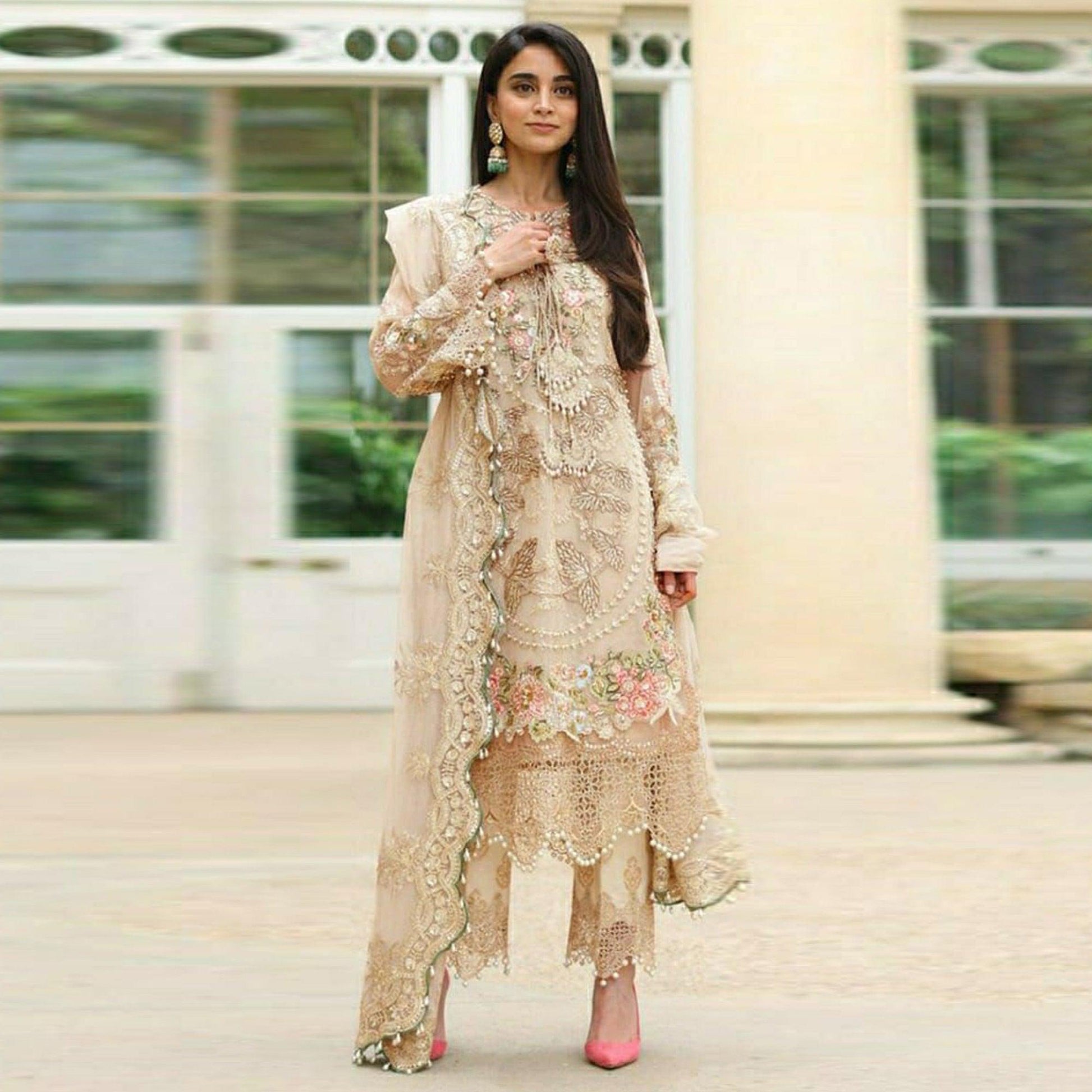 Cream Embellished With Embroidered Georgette Pakistani Suit