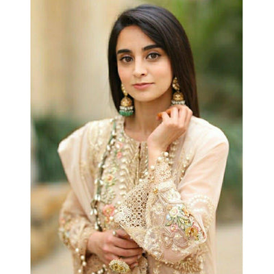 Cream Embellished With Embroidered Georgette Pakistani Suit